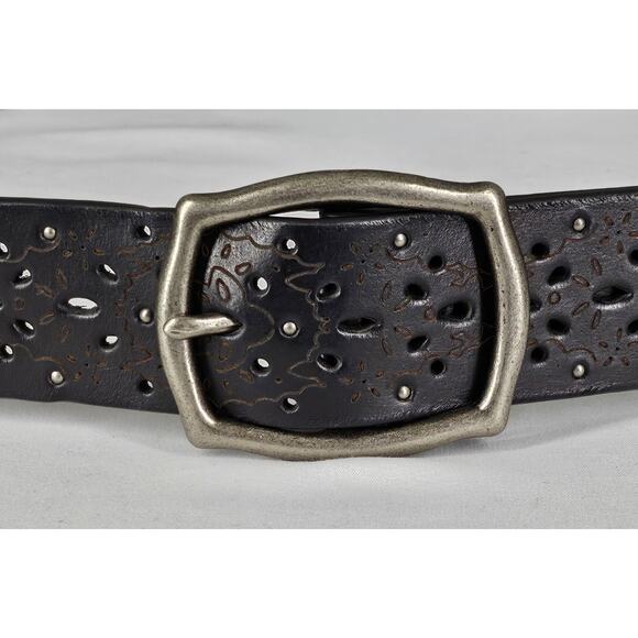 CUSTOM EMBOSSED UNISEX DRK BROWN LEATHER BELT W/ NICKLE BUCKLE – 45” L, 1.5” W - Picture 2 of 6